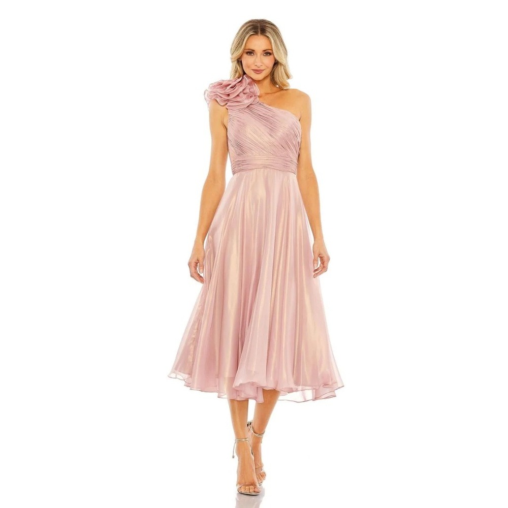 $498 Mac Duggal Size 6 Light Pink Rosette One Shoulder Tea Midi Dress Gown